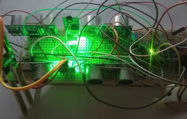 Breadboard prototype with ultrasonic sensors under green light