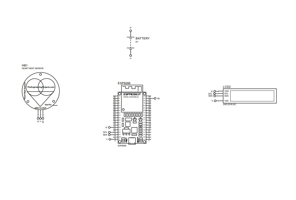 Circuit diagram: heartbeat sensor and I2C LCD wired to an ESP8266 on a 5V supply