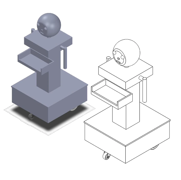 Isometric CAD concept of the robot, shown shaded and as a wireframe