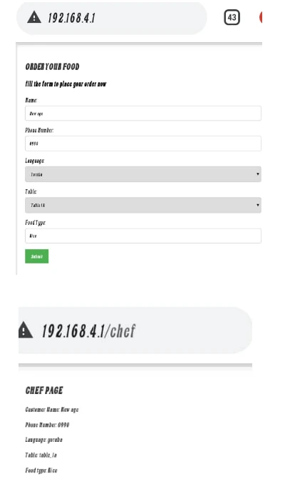 The order form at 192.168.4.1 with Yoruba selected, and the chef page at 192.168.4.1/chef showing the submitted name, phone, language, table and food type