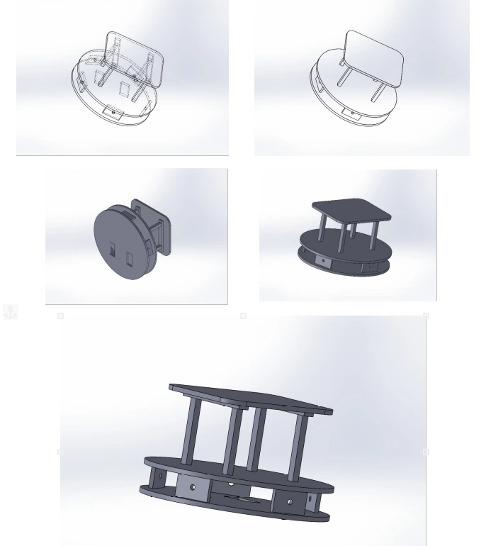 Five CAD views of the chassis: wireframe, shaded, the drive base alone and the full two-deck assembly