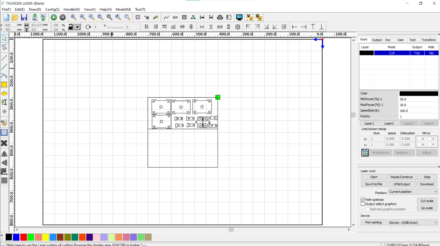 The chassis parts nested on a sheet in Thunder Laser cutting software, cut layer set to 30% power at 100mm per second