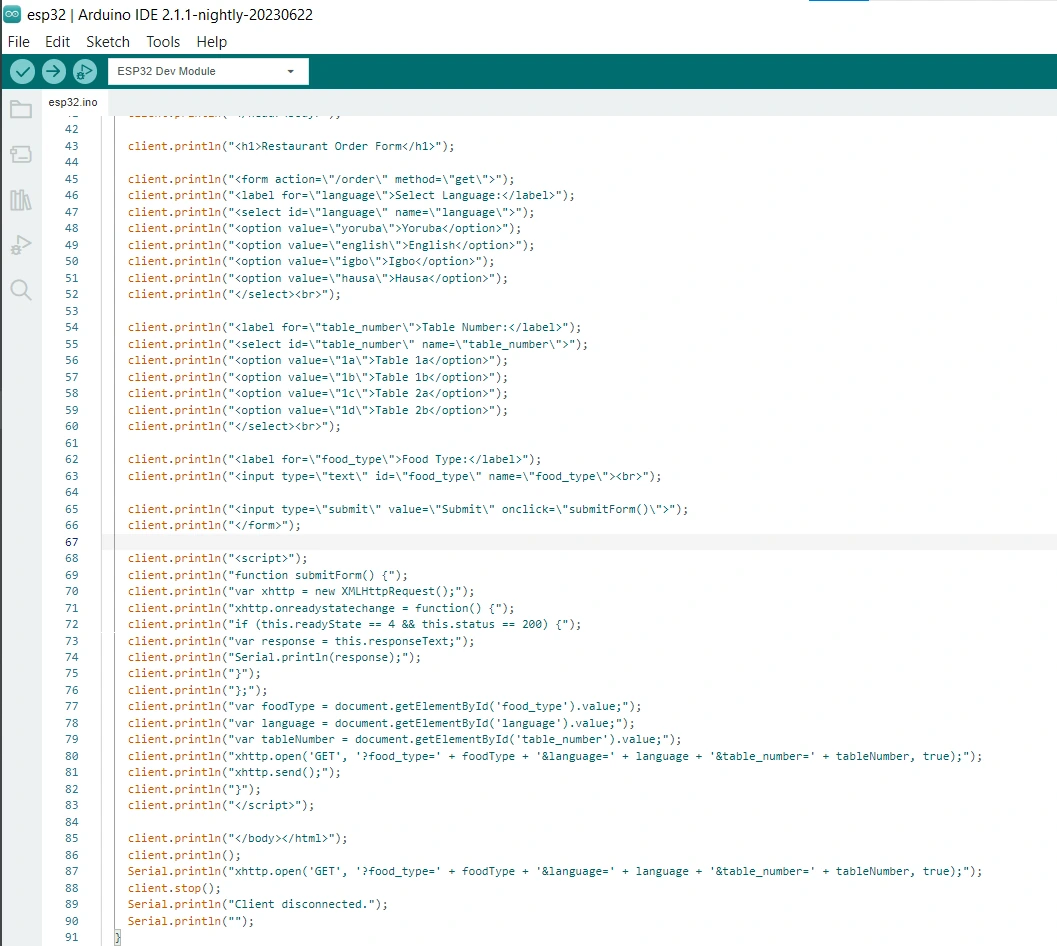 ESP32 firmware in the Arduino IDE building the order form, with language options for Yoruba, English, Igbo and Hausa and table numbers 1a, 1b, 2a and 2b