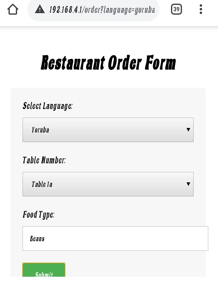 The restaurant order form rendered with Yoruba as the selected language